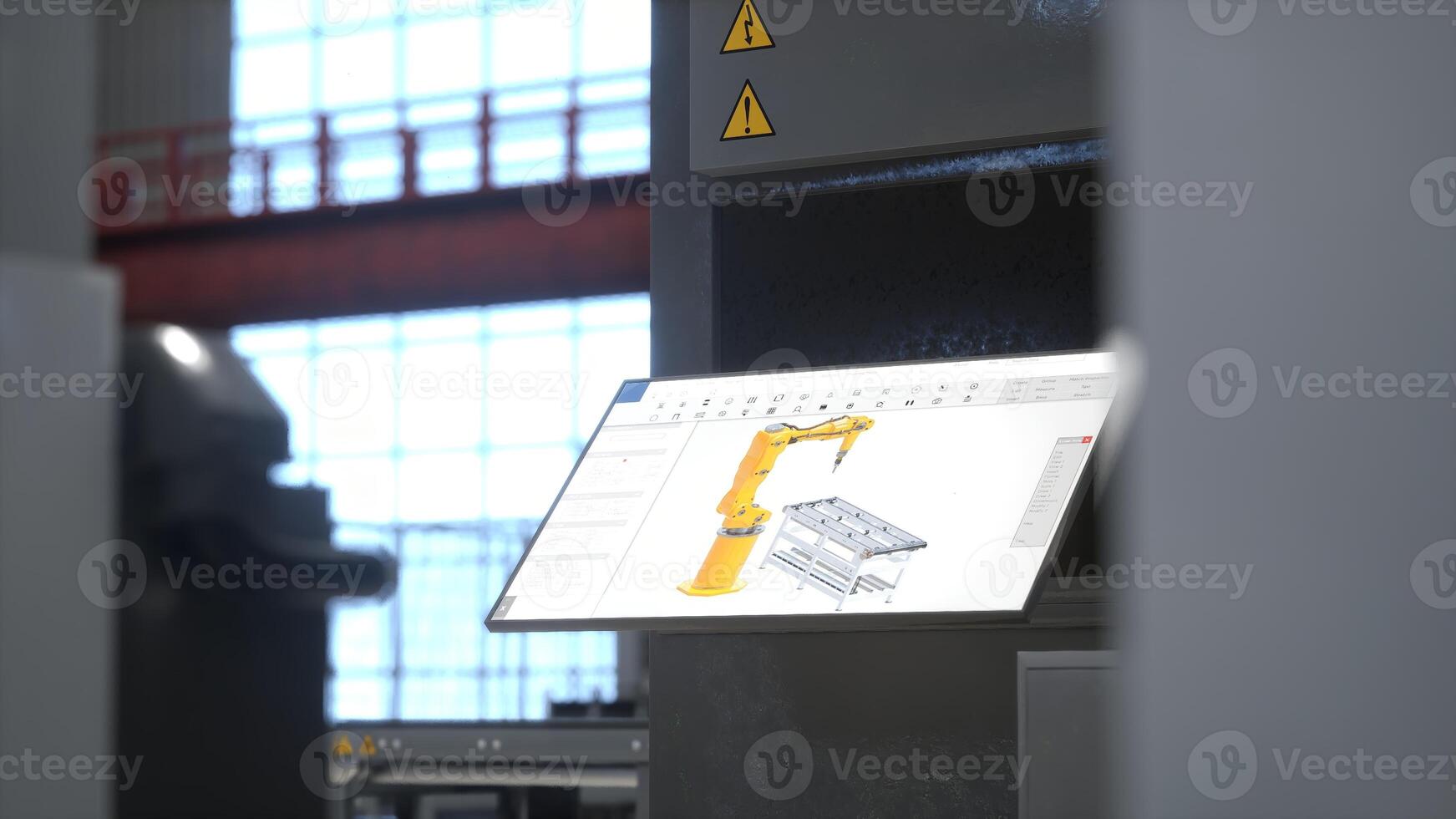 Focus on control panel used to control machine in manufacturing warehouse. Close up on console touchscreen display used to perform tasks on CNC machinery in logistics depot, 3D render photo