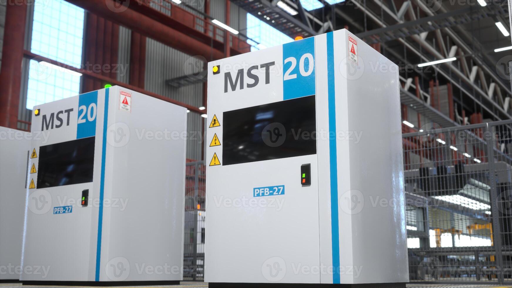 Factory with automated high voltage industrial machines used for engineering tasks, 3D rendering. High tech machinery and assembly lines in logistics depot, close up shot photo