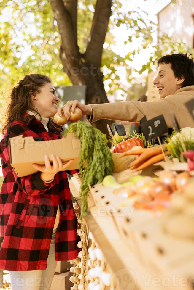 contento hembra cliente comprando orgánico bio frutas y vegetales a local agricultores mercado. alegre cliente participación caja con varios estacional Produce a cosecha justa festival puesto. foto