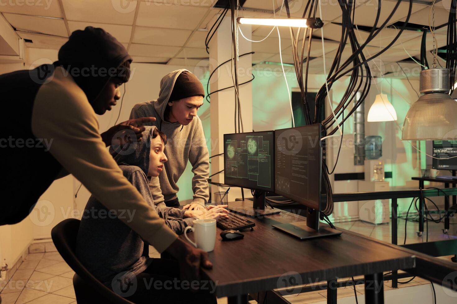 Team of encryption specialists trying to plant computer malware, fixing computer system cyberattack. Cyber criminals coding program script to break into network, cyberterrorism. photo