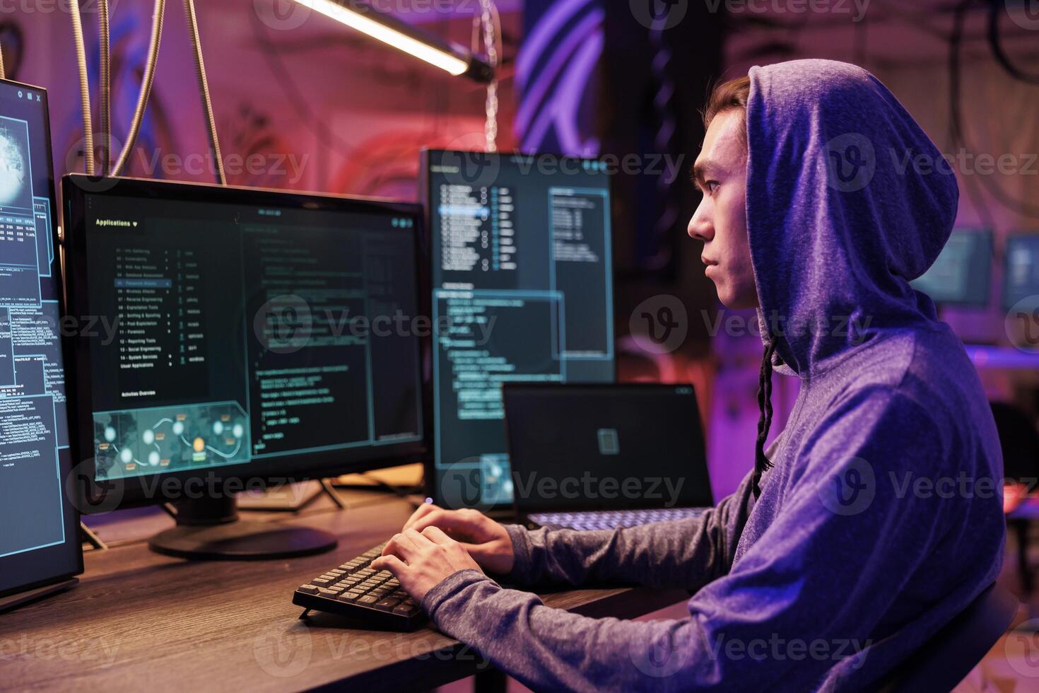 Asian hacker typing on keyboard and writing spyware code on computer. Internet criminal in hood hacking online server and planning phishing cyberattack in room at night time photo