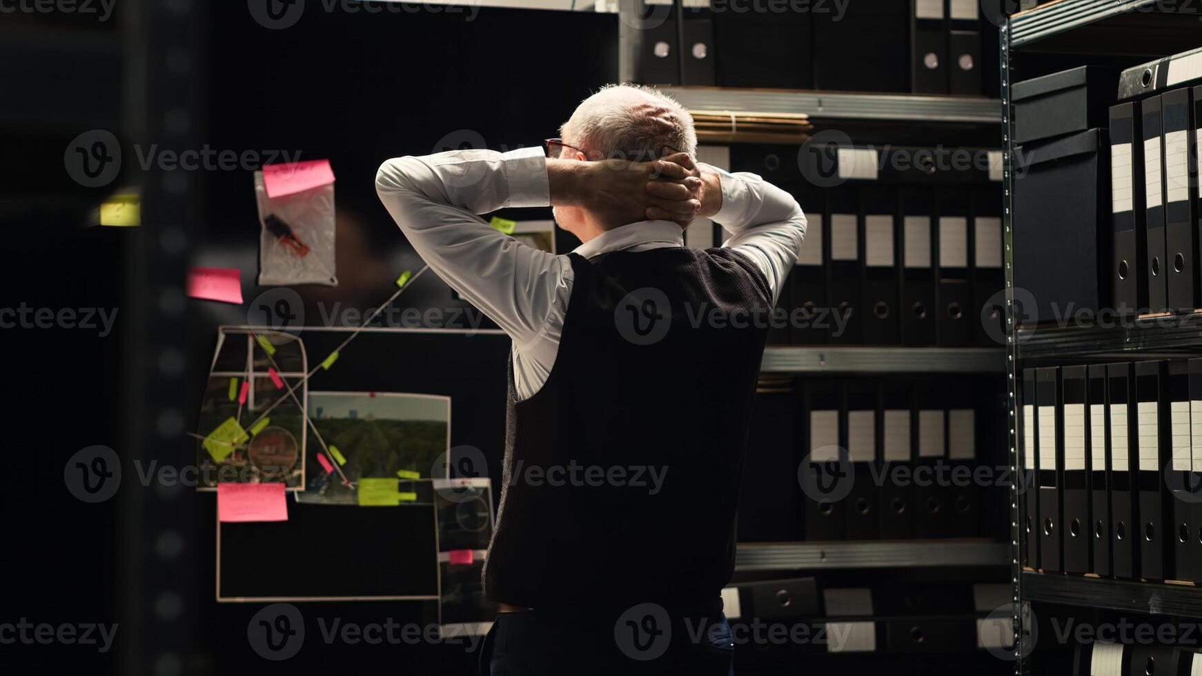 criminologista revisión evidencia en junta, molesto a encontrar nuevo caso detalles y pistas a resolver misterio. mayor delincuente experto conductible investigación, mirando a forense informes. foto