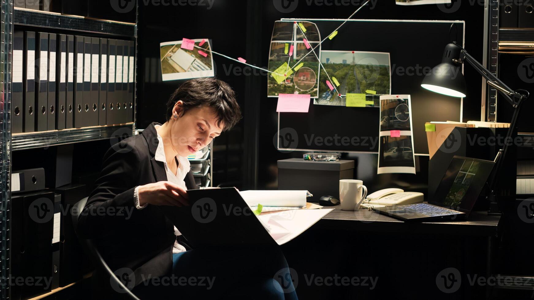 Police investigator reading classified documents to find out about new criminal case file, detective work. Woman expert conducting investigation to unncover clues and find killer. photo