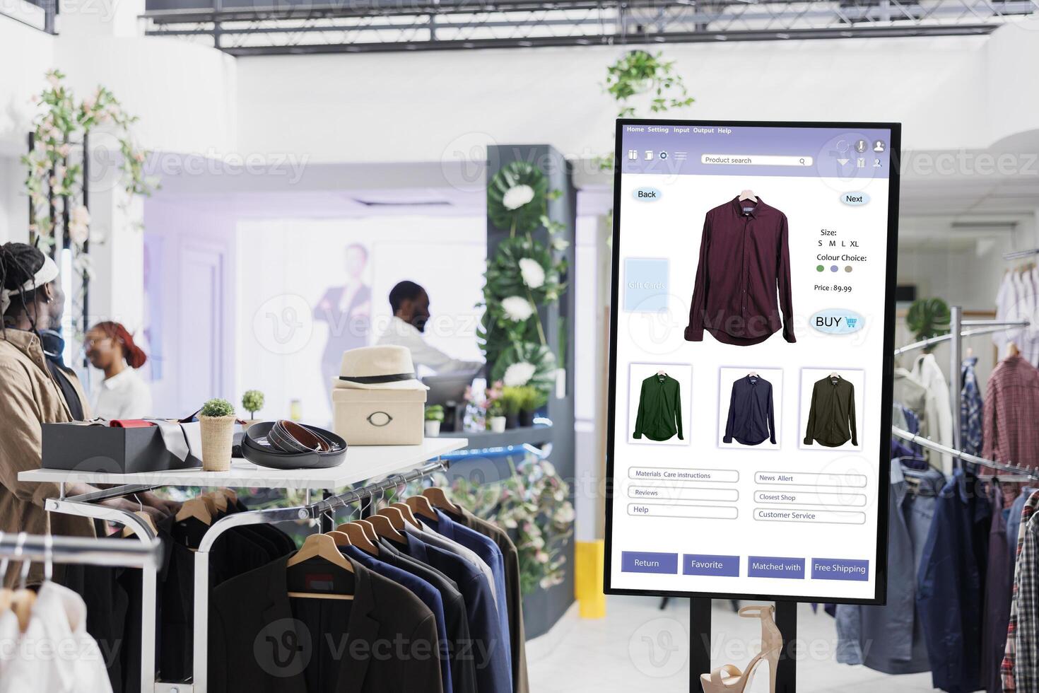 Touch screen monitor kiosk service, modern fashion collection and products on interactive board in mall store. Electronic self ordering display of online clothes shop, business concept. photo