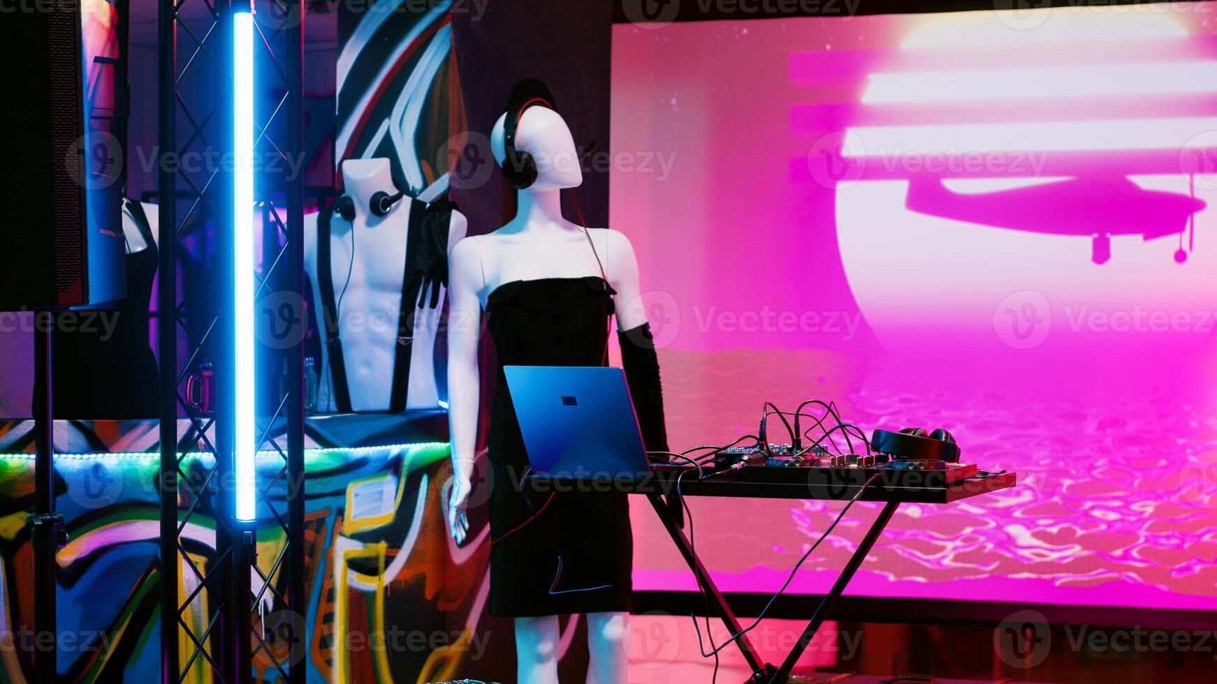 Mixing audio station on stage at club, empty discotheque with dance floor and disco lights. Nightclub with live DJ music and alcoholic drinks, modern funky party with spotlights for fun. photo