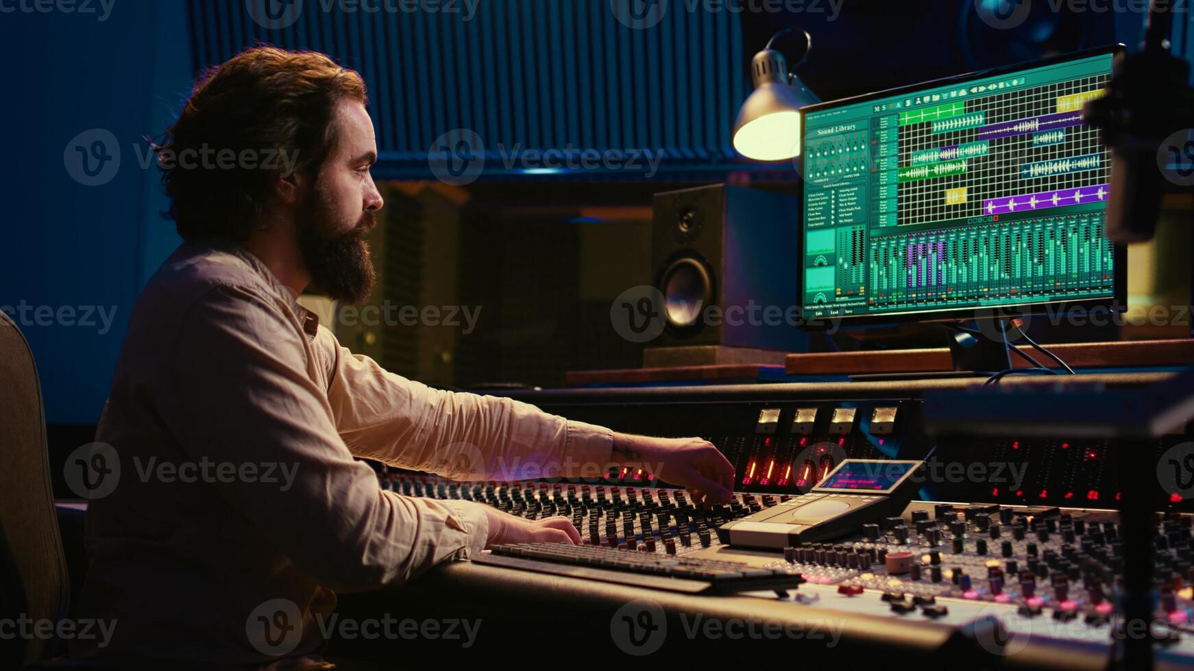 Professional tracking engineer editing music by adding sound effects in control room at studio, recording tracks and using mixing console. Producer operates technical equipment. Camera B. photo