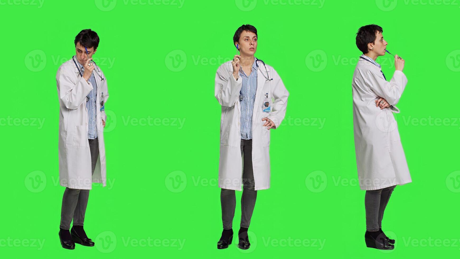 General practitioner thinking about new healthcare ideas in studio, acting pensive against greenscreen backdrop. Woman medic contemplating about ways to find disease cures. Camera A. photo