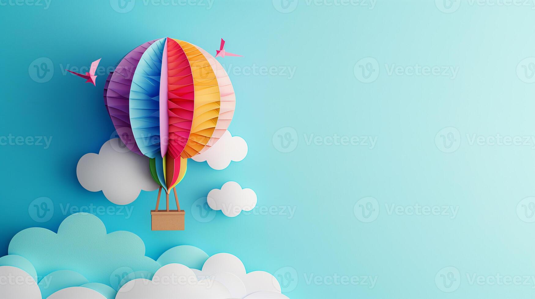 Air balloon with cloud and bird on blue background in paper cut greeting card with copy space. photo