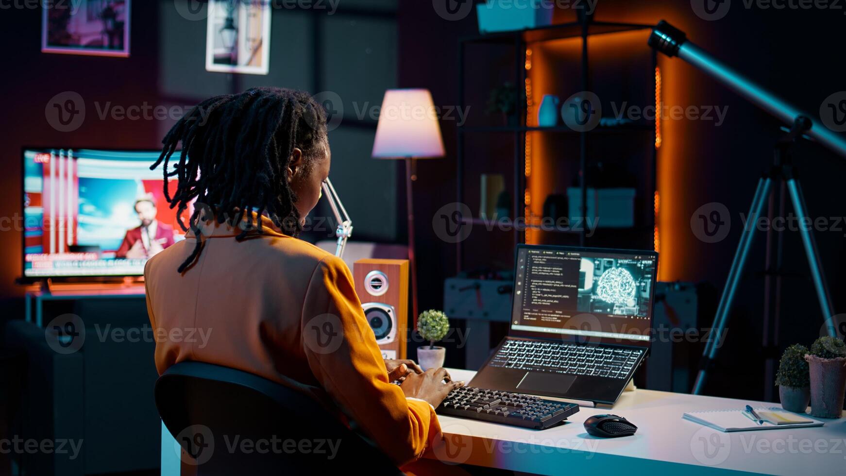 University pupil working with artificial intelligence system for machine learning, writing code in programming language. Girl uses deep learning algorithms and processing information. Camera B. photo