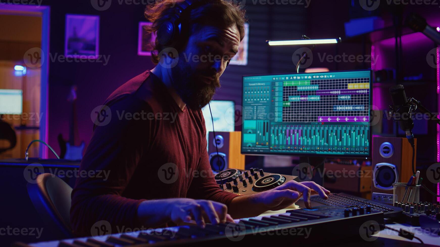 Musician playing piano keyboard and recording to mix and master audio, editing audio recordings to achieve desired sound quality. Artist producer operating on daw software. Camera B. photo