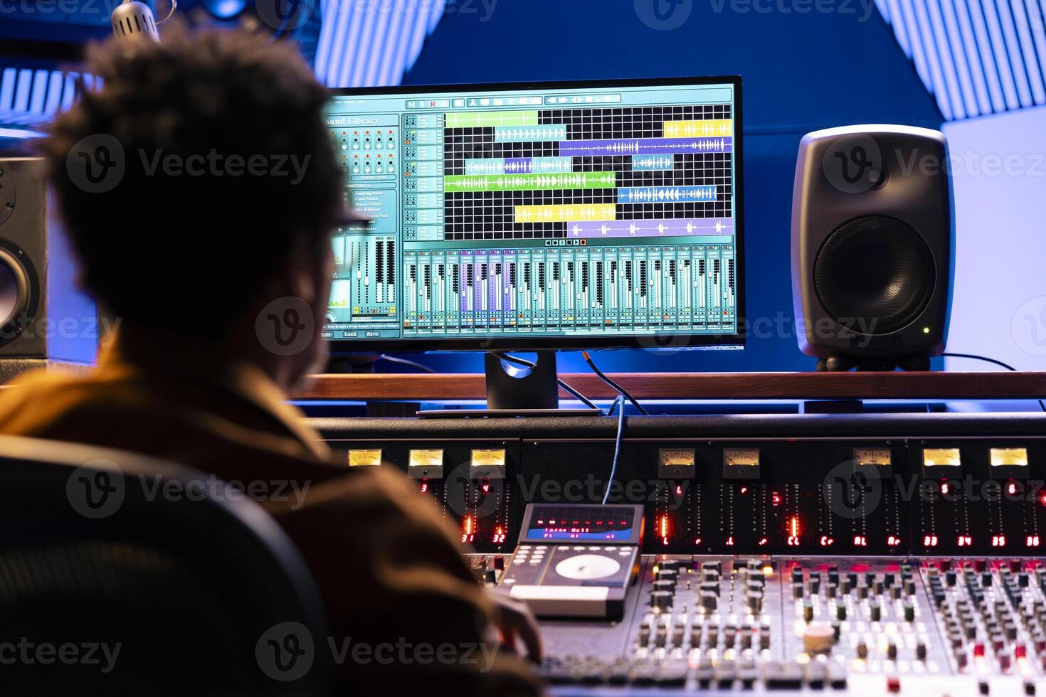 African american tracking engineer working with editing software on pc, producing new music for his album. Sound designer adjusting recordings setting and volume levels at control room panel board. photo