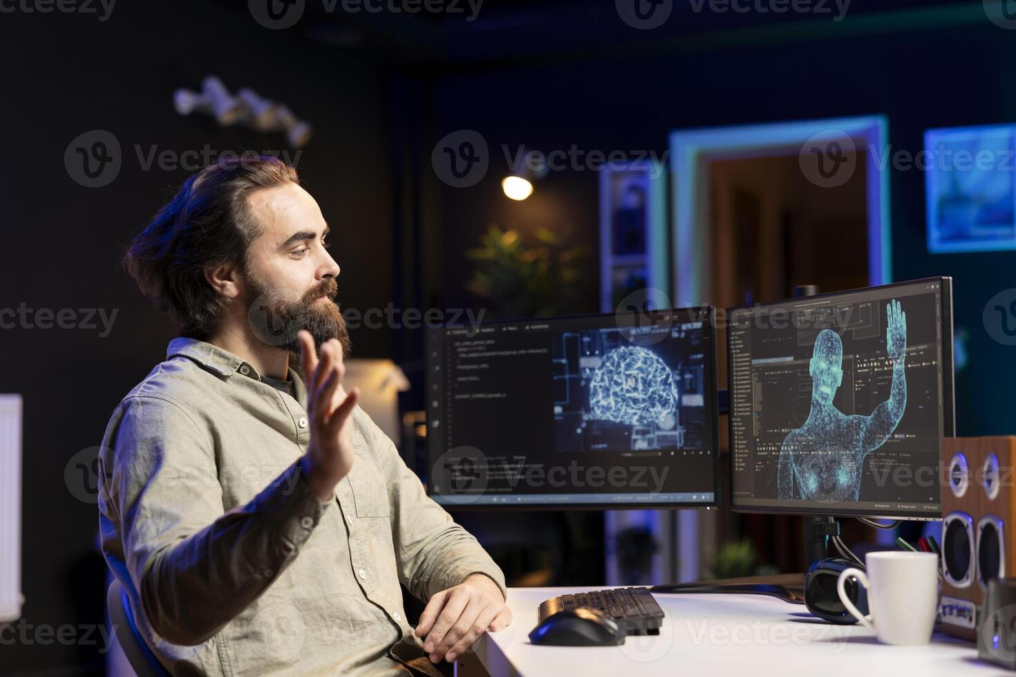 Self aware AI gaining anthropomorphic form inside cyberspace, waving hand, saluting software programmer. Artificial intelligence becoming sentient, greeting computer scientist photo