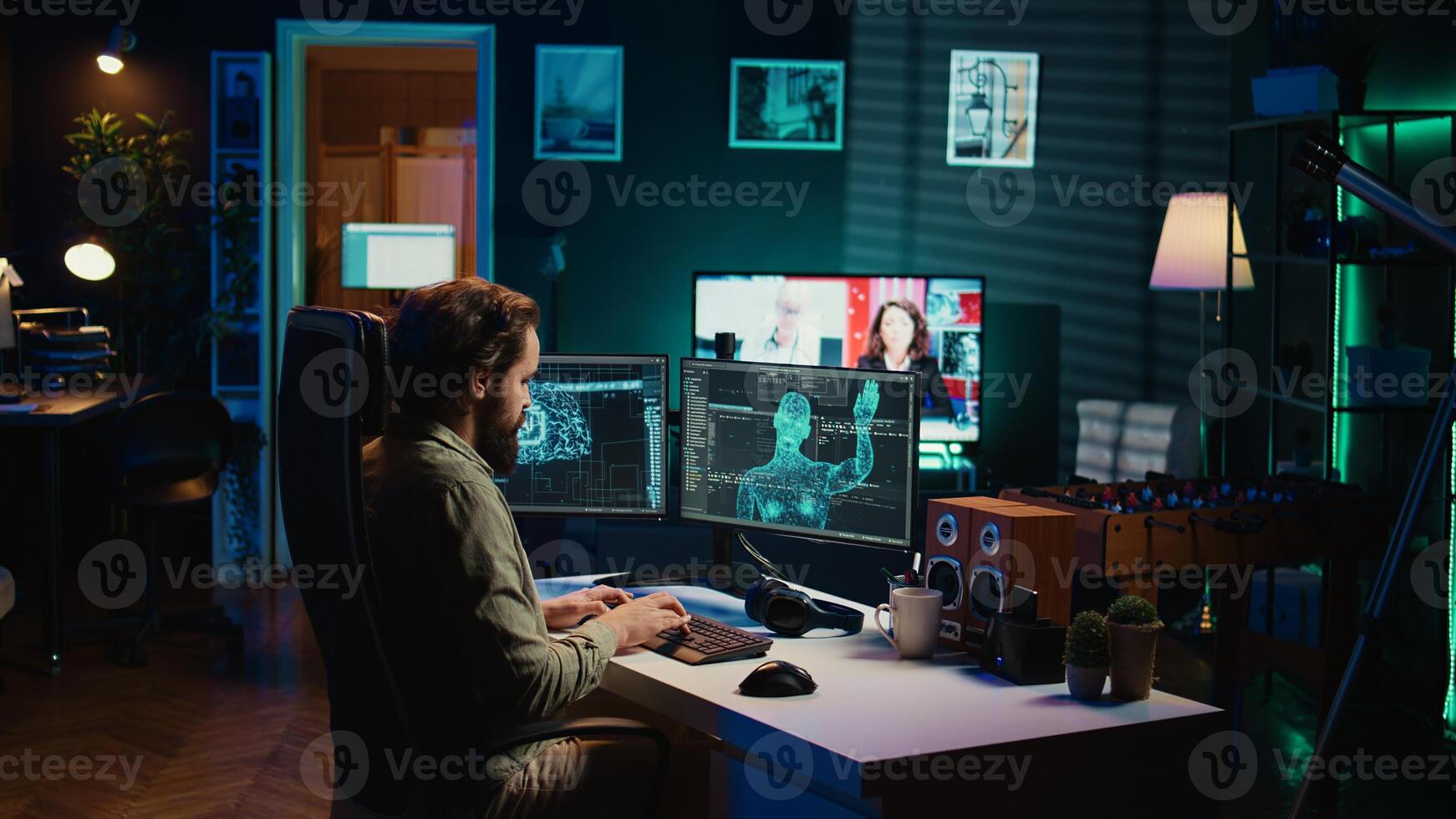 Hacker uploading evolved sentient AI to disk, planning to use it for evil mastermind plan. Rogue programmer putting malware infected artificial intelligence bot in cartridge, camera B photo