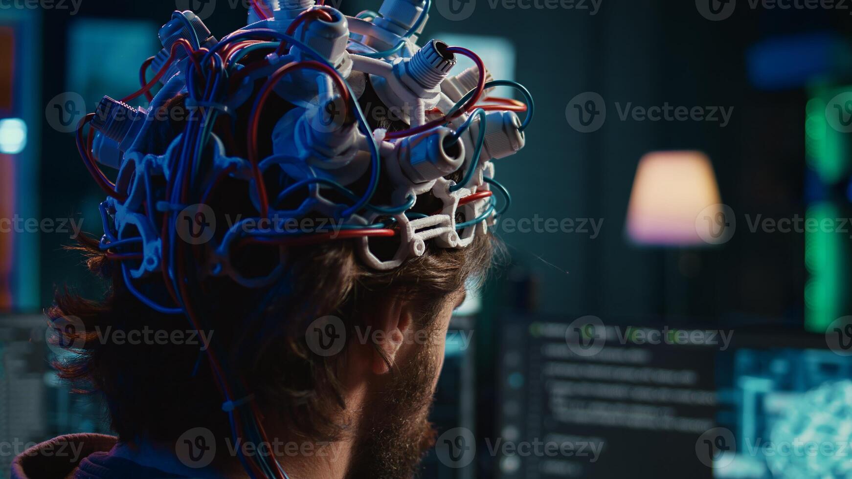 Computer scientist uploading brain into cyberspace, gaining digital persona, close up shot. Neuroscientist merging mind and soul with AI, uploading consciousness, camera B photo