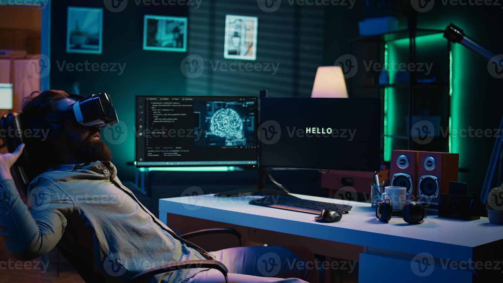 Man using VR headset to do programming job, getting scared after AI becoming sentient. Developer solving tasks on PC with virtual reality, alarmed by self aware artificial intelligence, camera B photo