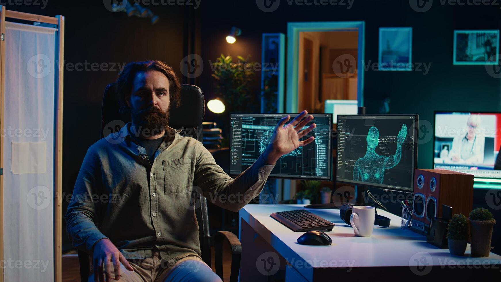 Deviant AI superintelligence enslaving its creator, controlling his limbs, doing robotic movements. Rogue artificial intelligence possessing man, threating humanity, camera B photo