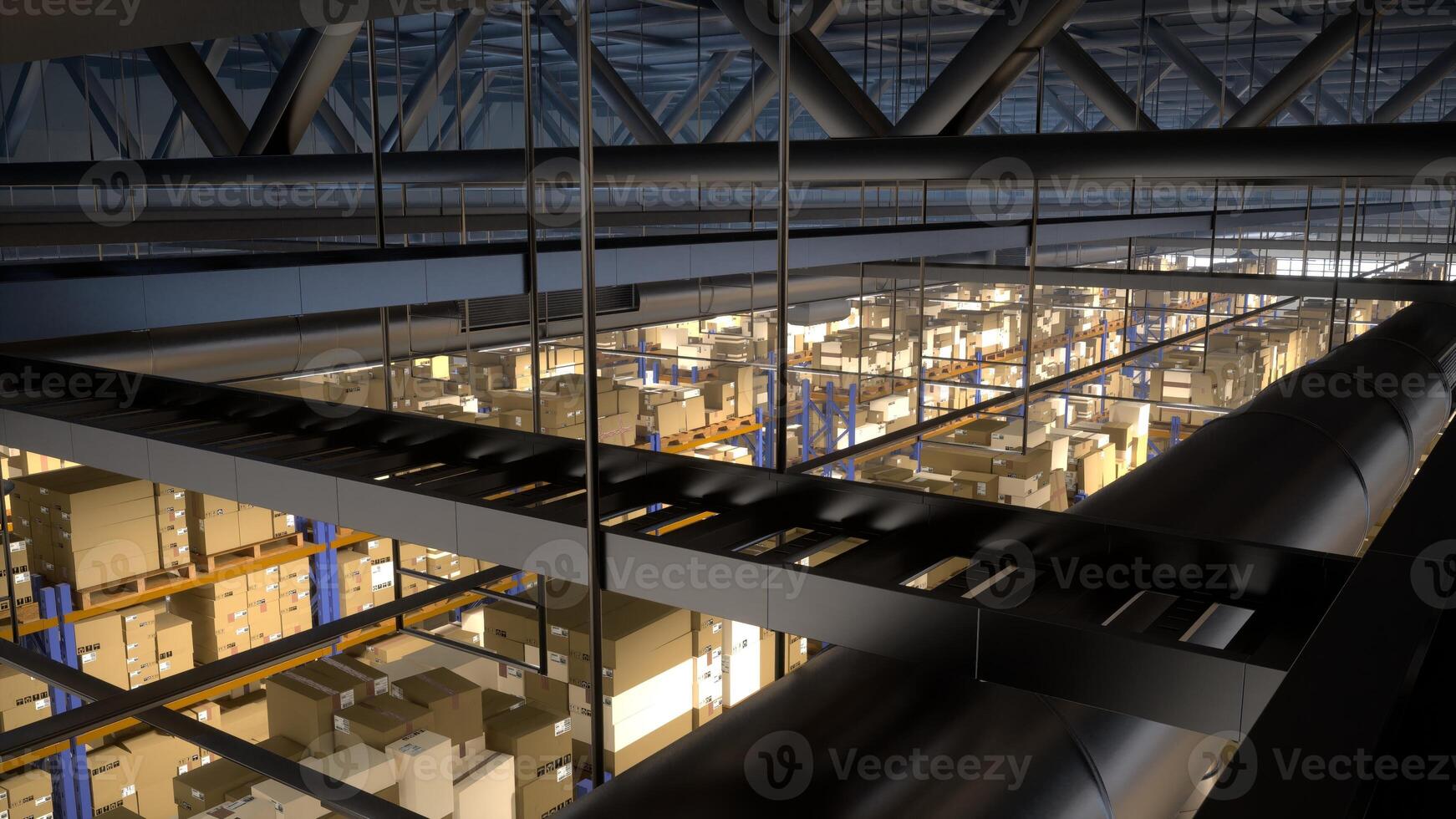 Massive storage facility loaded with goods and products, arranged on metal racks tagged with barcodes and identification labels. Warehouse handling shipping and sales activities. photo