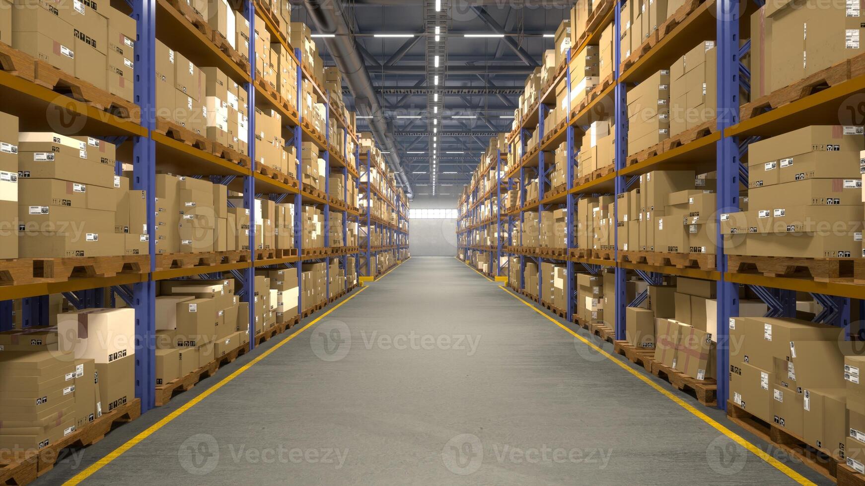 Industrial warehouse filled with storage boxes labeled for shipment, distribution center storing cargo for import export industry. Merchandise with air waybill tracking numbers. photo
