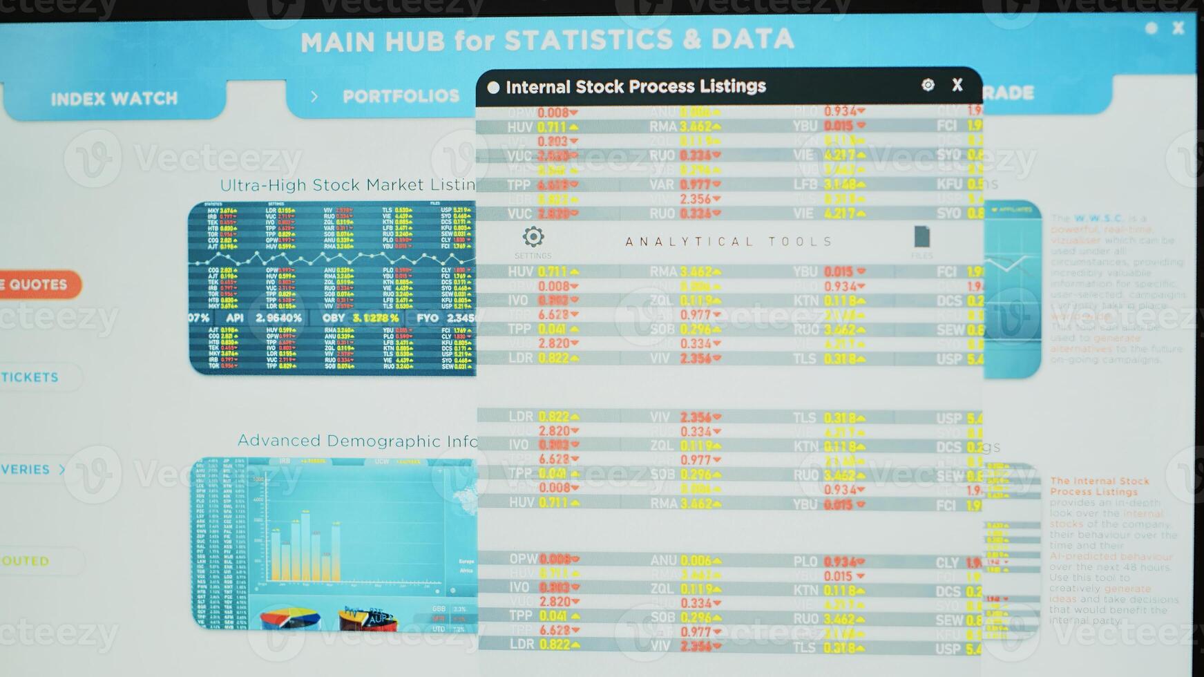 Office with laptop showing stock exchange listings and display in background with client appointments list. Notebook with trading platform indexes and customers commissions table in the back photo