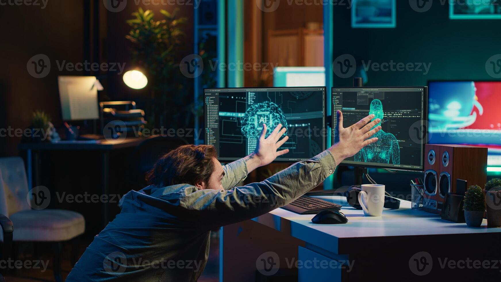 Programmer creating sentient AI, bowing in adulation to new overlord. Crazy computer scientist doing worshiping reverence in front of self aware artificial intelligence, camera A photo