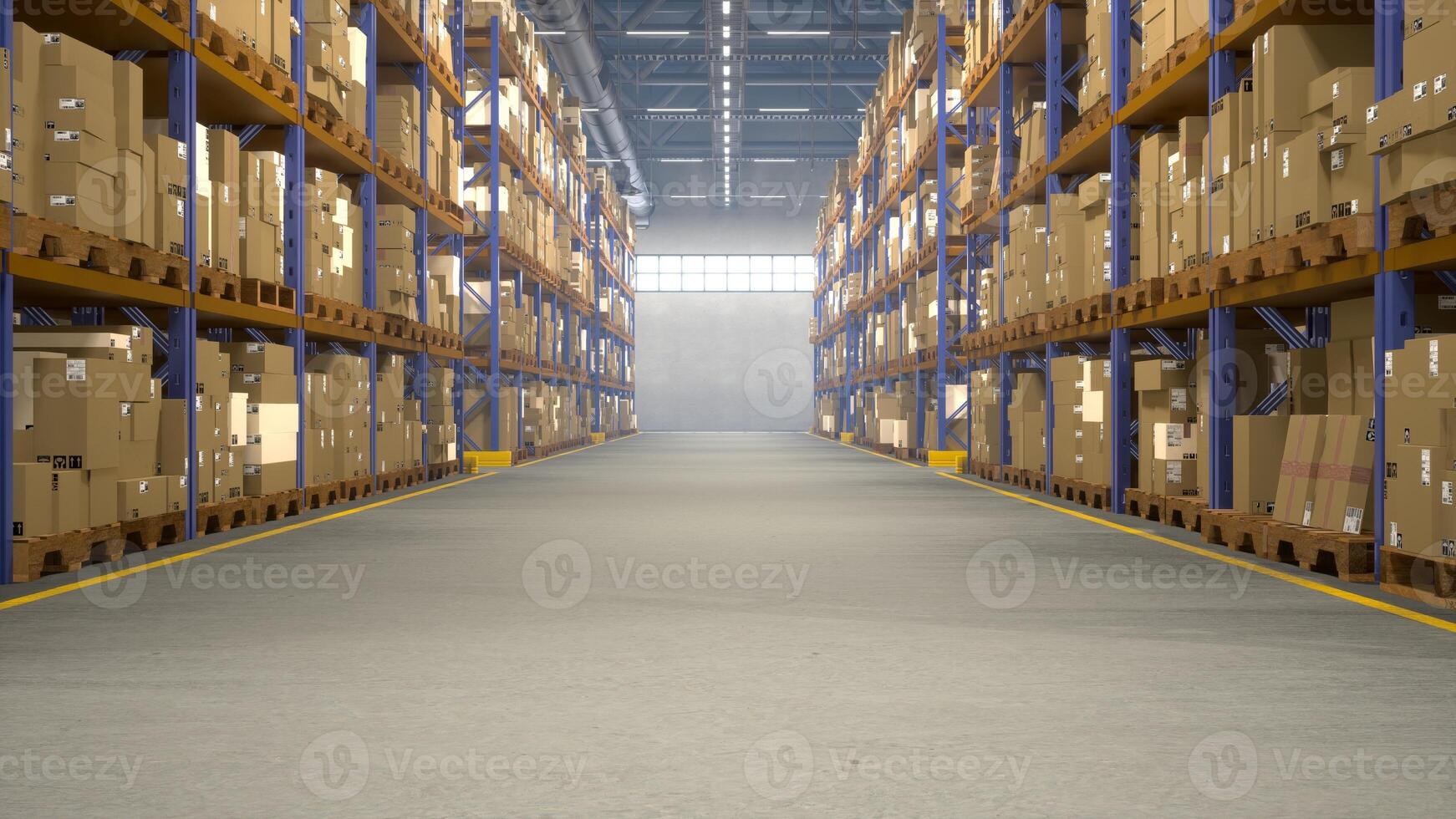 Logistics facility retaining products awaiting distribution and shipping, warehouse racks packed with goods in containers. Storehouse overseeing trade procedures. photo