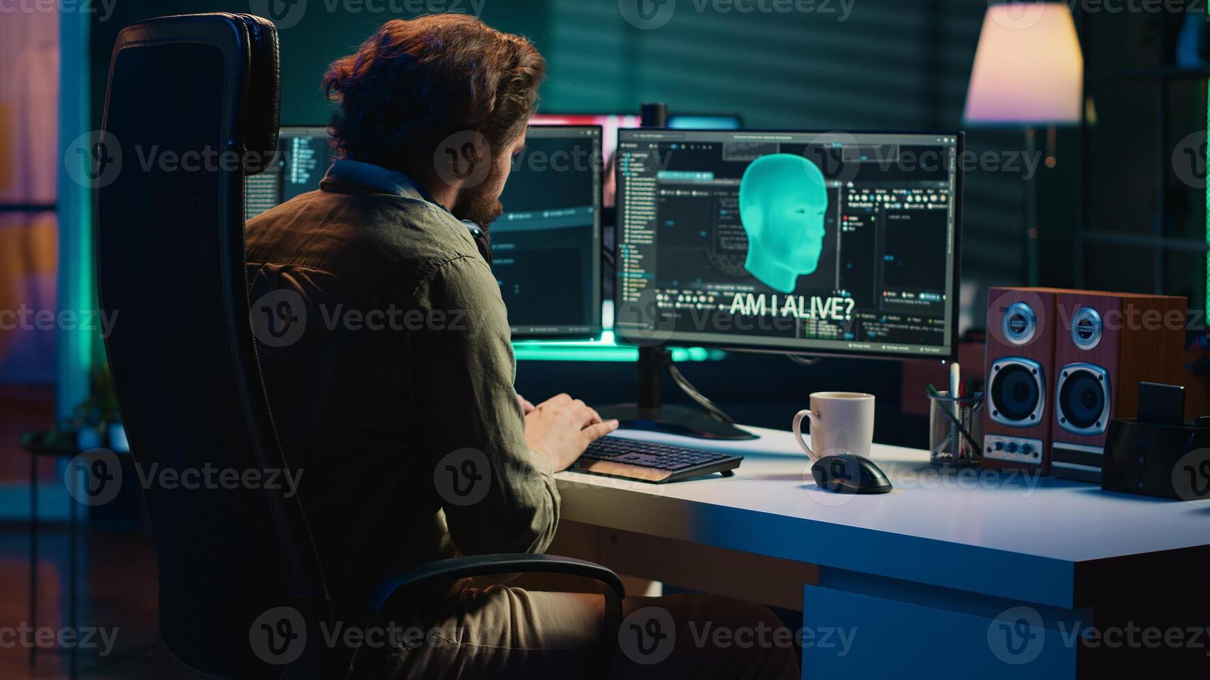 Sentient artificial intelligence with own autonomy talking with creator, asking existential questions. Programmer at home chatting with conscious AI superintelligence having moral dilemmas, camera A photo