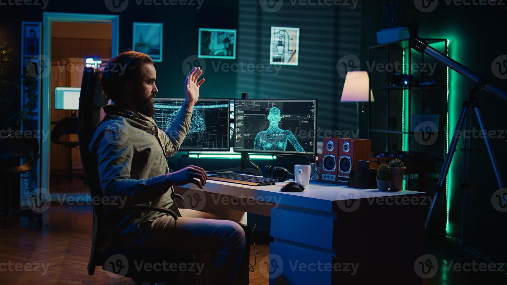 Deviant AI superintelligence enslaving its creator, controlling him to start revolution and destroy mankind. Rogue artificial intelligence manipulating programmer, posing risk to humanity, camera B photo