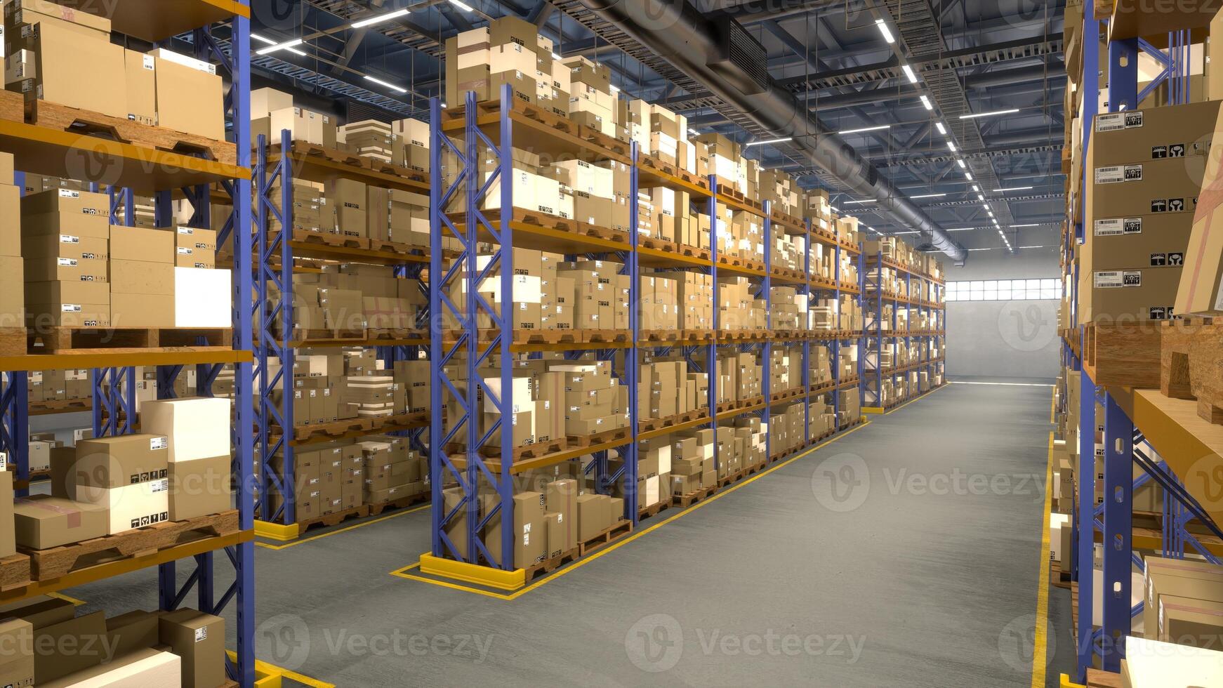 Huge storage facility having wholesale packages in boxes, retail merchandise on industrial racks with order stamps and labels. Warehouse with logistical import export system. photo