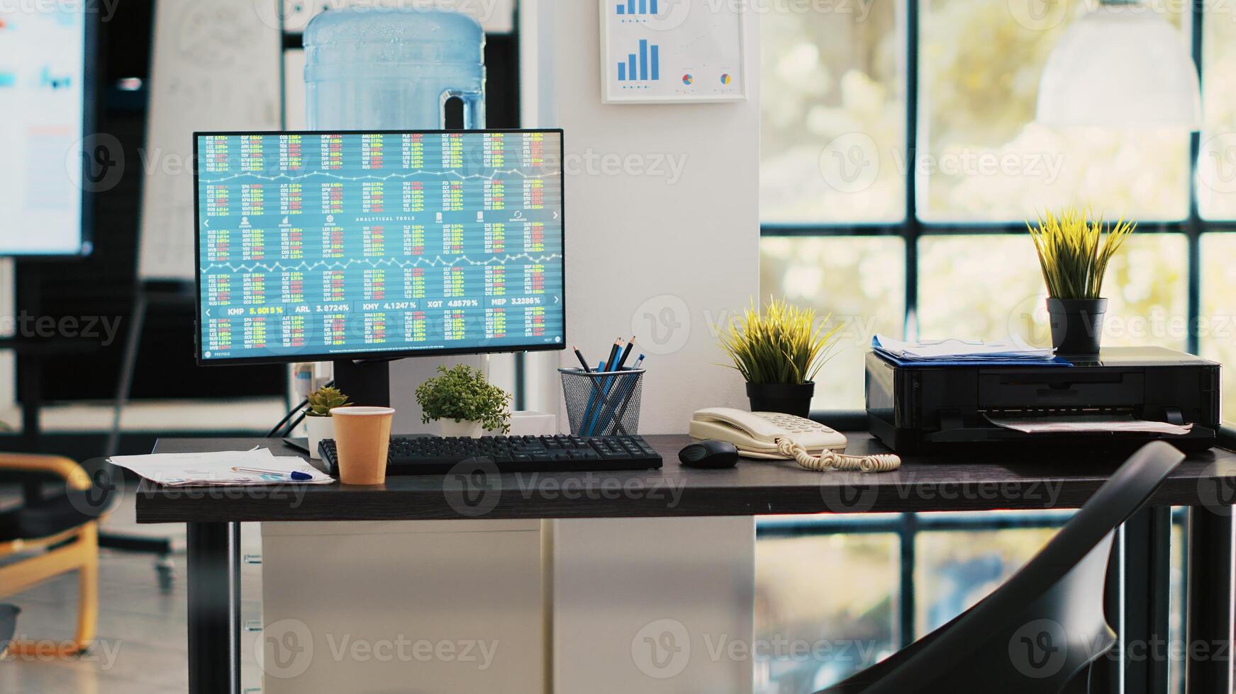 Market index listings values going up and down on computer monitor, handheld camera shot. Broker trading economic analytics figures on PC screen in financial department workplace photo