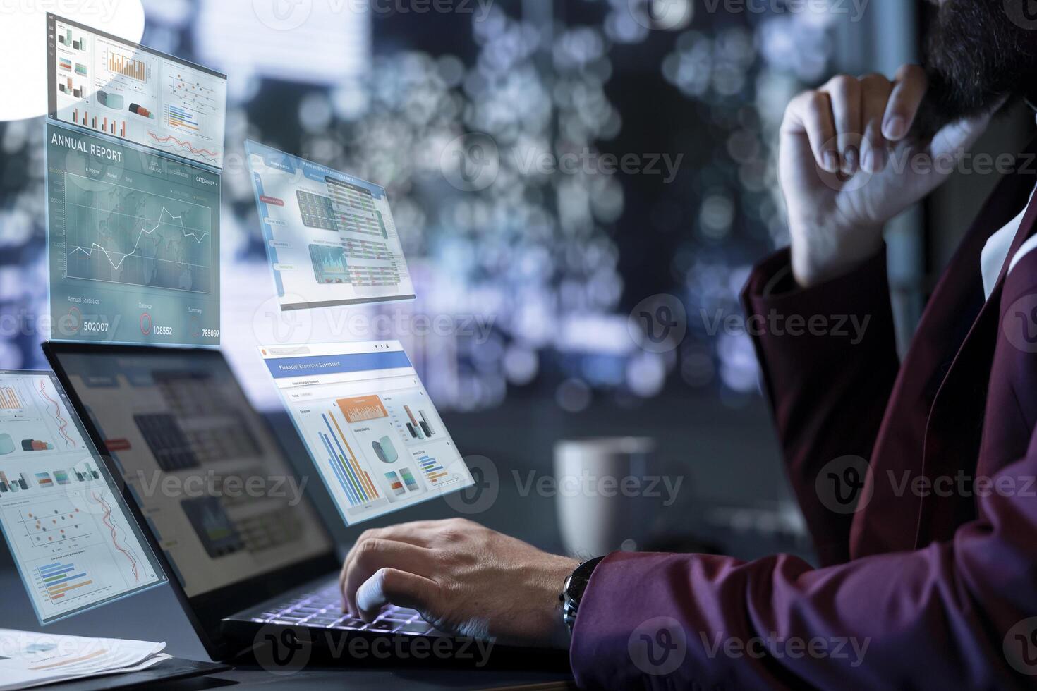 Investor examines valuation prices growth on stock market trends, analyzing risk investment on cryptocurrency system. Businessman follows capital exchange info charts, artificial intelligence icons. photo