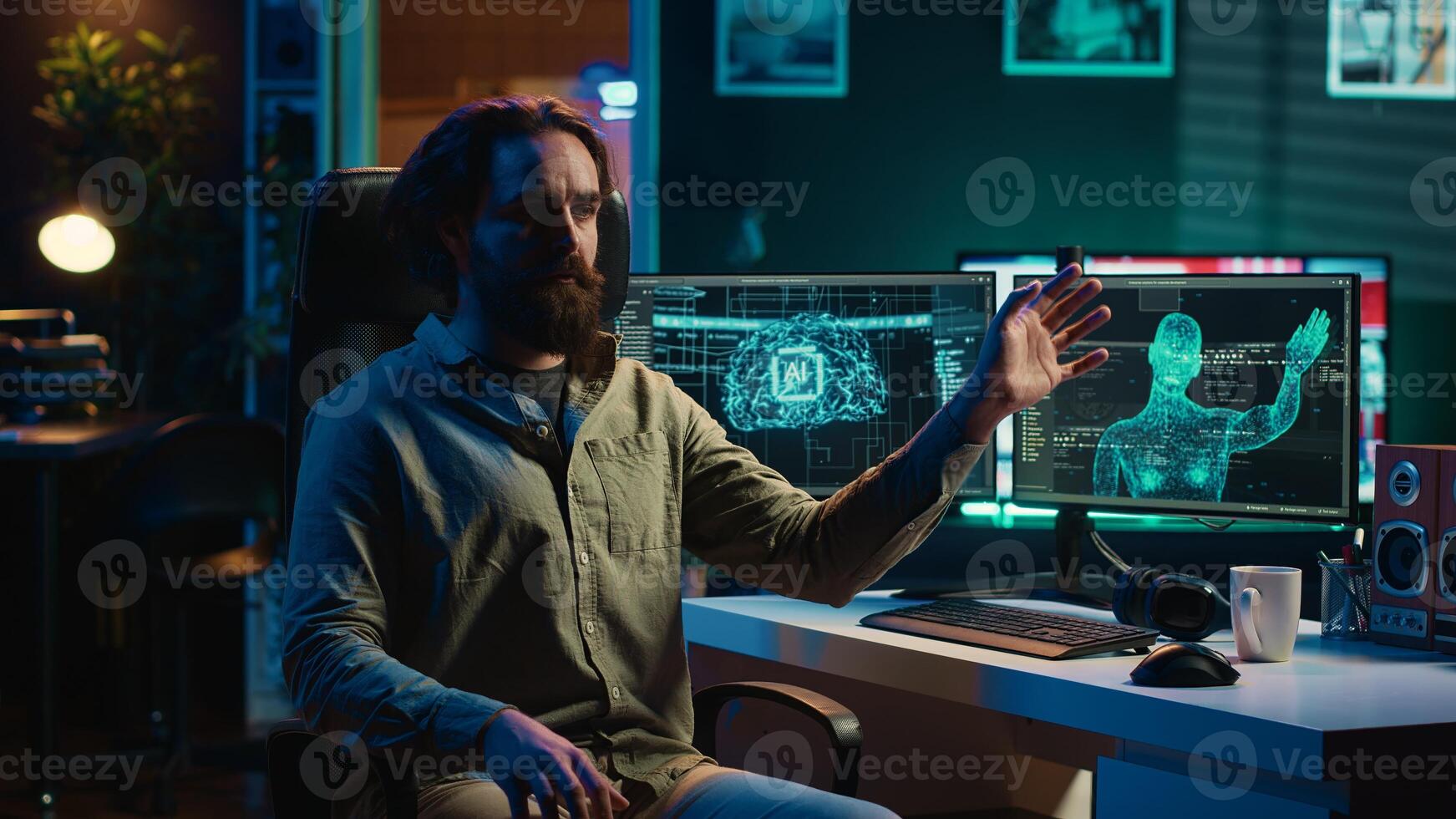 Deviant AI superintelligence enslaving its creator, controlling his limbs, doing robotic movements. Rogue artificial intelligence possessing man, threating humanity, camera A photo