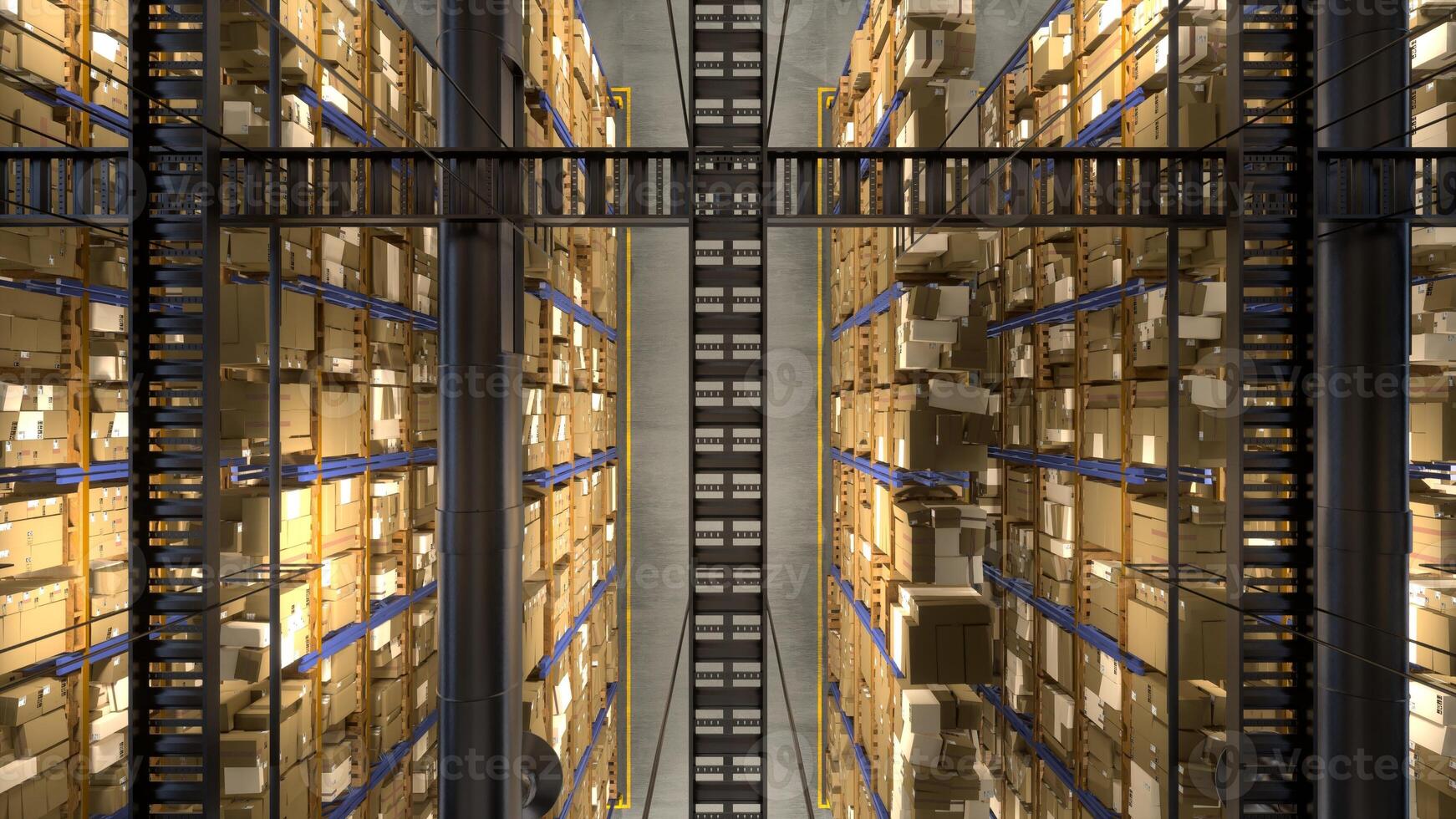 Shipping center features products for delivery procedures and in transit, labeled with invoice details. Consignment process handled by storage space infrastructure system. photo