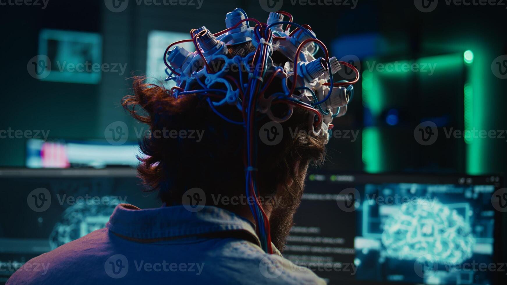 Engineer puts EEG headset on, links brain to cyberspace, conducts experiments. Man merging mind with artificial intelligence, uploading consciousness, achieving superintelligence, camera B close up photo