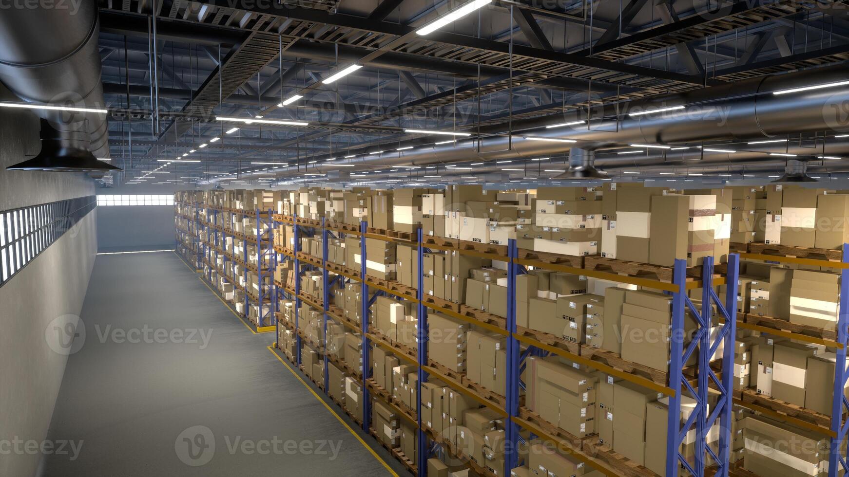 Distribution center packed with cargo parcels and merchandise ready for shipment, production and logistics sector. Warehouse space housing goods with air waybill order stamps. photo