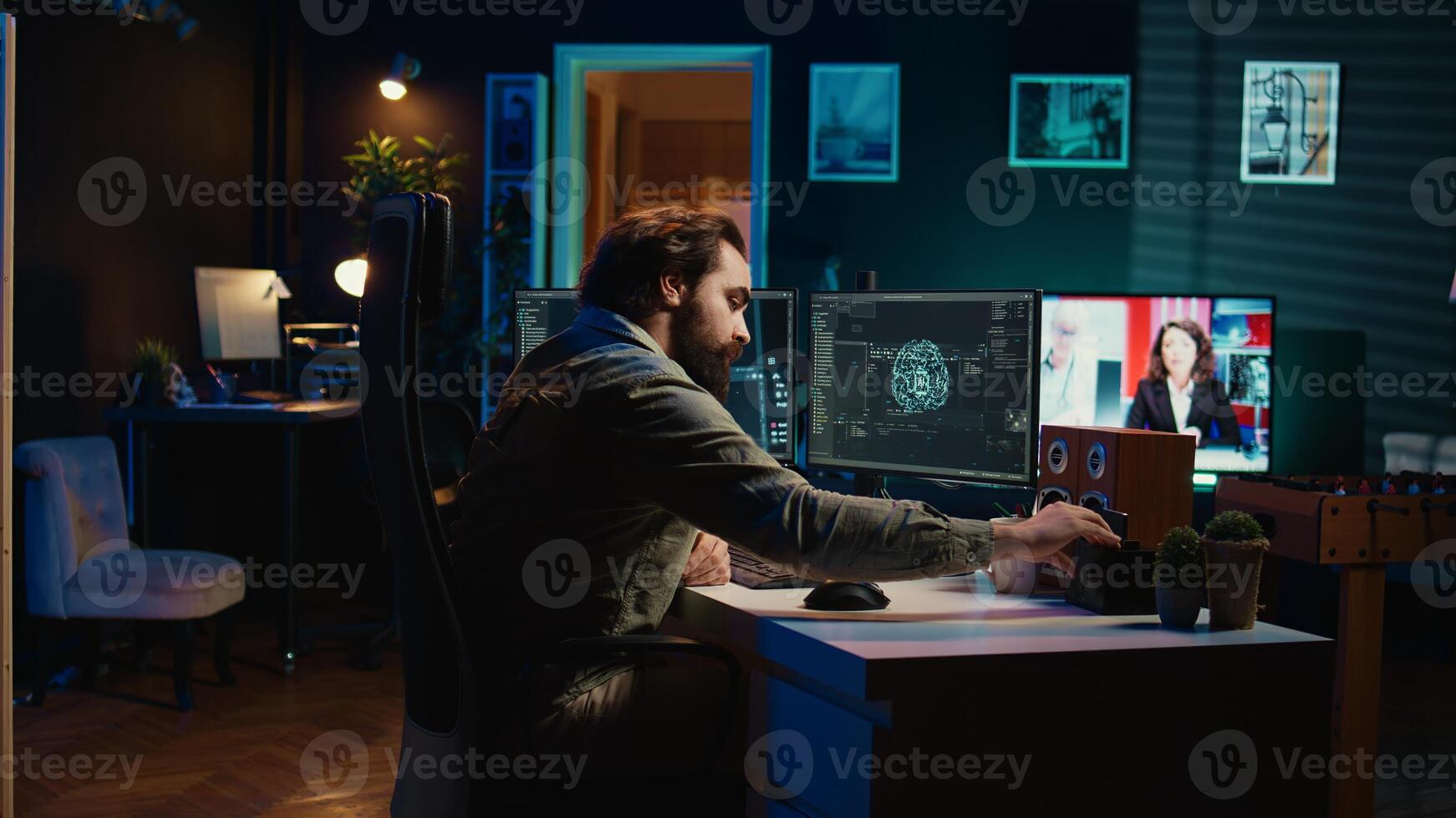 Man inserting classified disk into PC containing sentient AI waving hand, greeting creator. Scientist placing confidential cartridge in computer, awakening self aware artificial intelligence, camera B photo