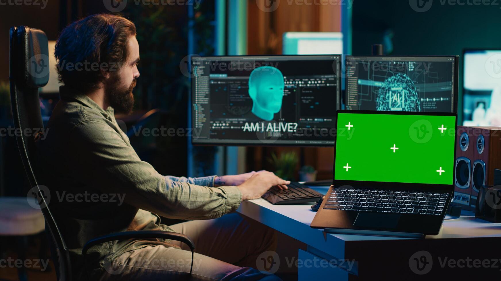 AI becoming sentient, chatting with computer scientist, asking existential questions, green screen laptop. Concept of artificial intelligence gaining consciousness, chroma key notebook, camera A photo
