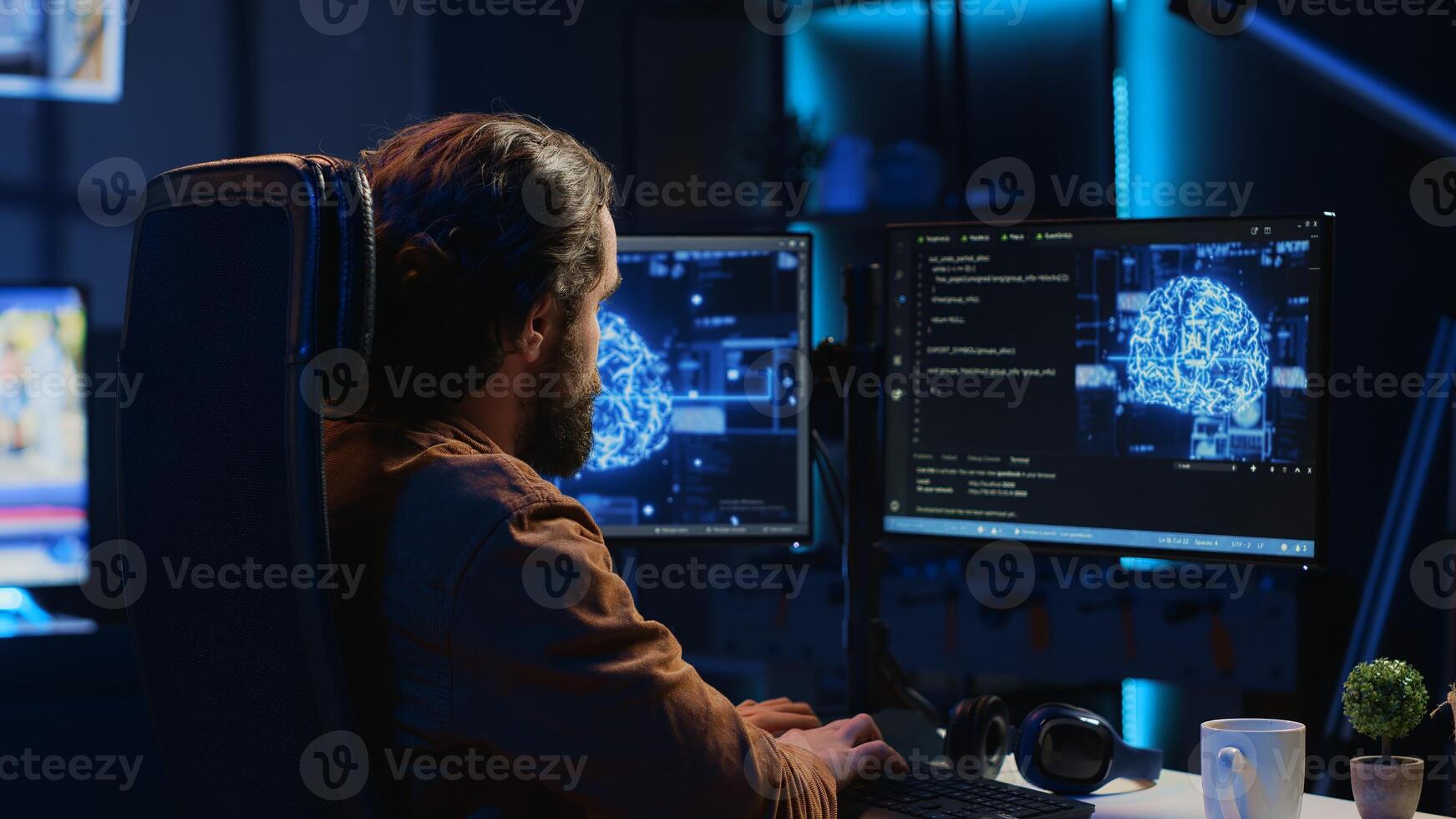 Experienced developer uses computer to update artificial intelligence neural networks, writing code scripts in home office. Remote worker uses programming to upgrade AI simulation model, camera A photo