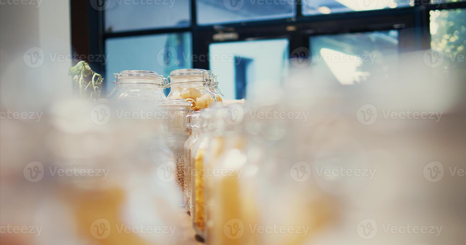 Bulk products in eco friendly zero waste farmers market placed on shelves, nonpolluting organic freshly harvested produce, Advertising sustainable lifestyle and nutrition. Tripod shot. Close up. photo