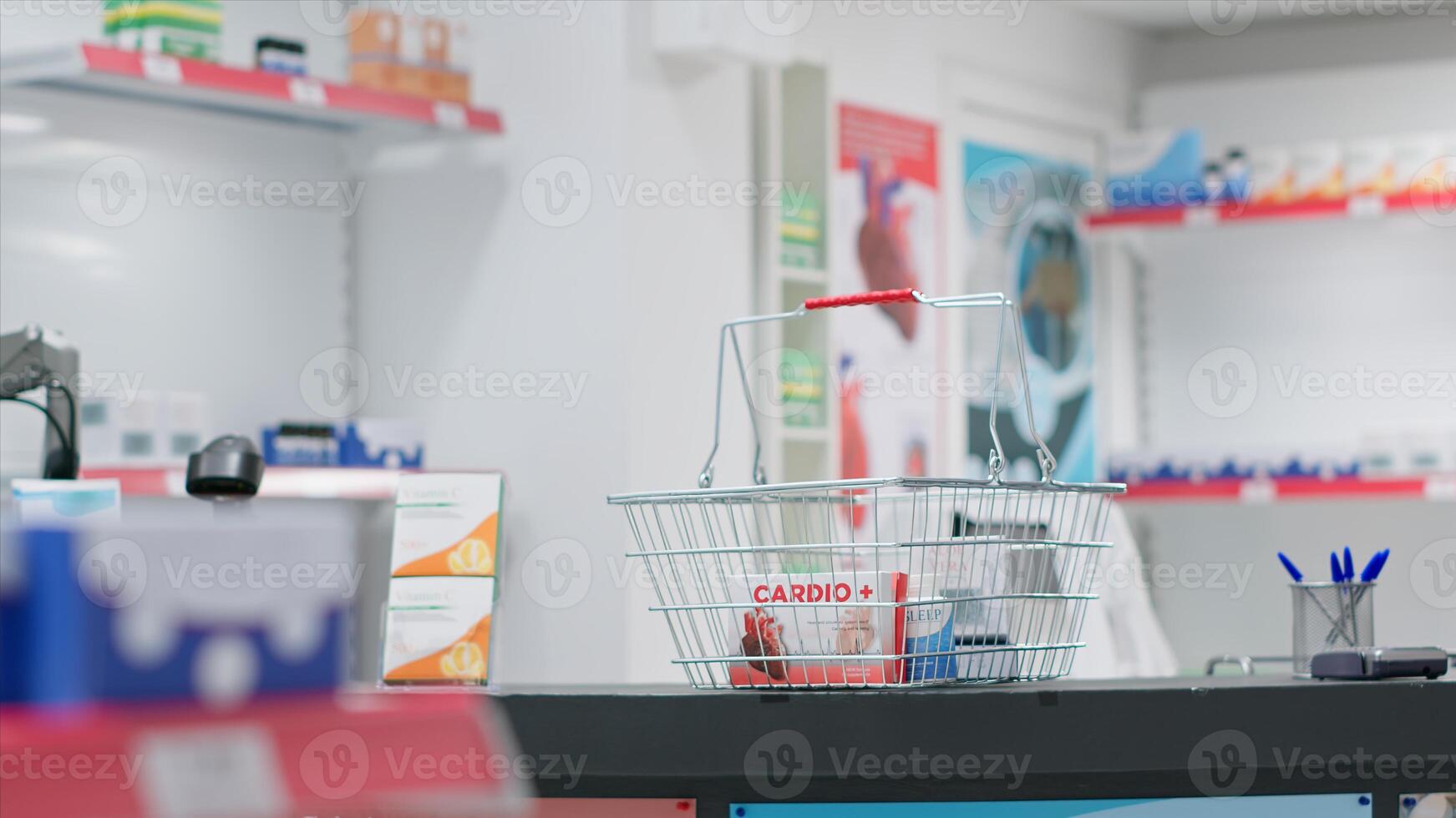 Empty drugstore cash register with boxes of pills or vitamins, having pharmaceutical products and medical supplies for sale on shelves. Pharmacy providing prescription medicine or other treatments. photo