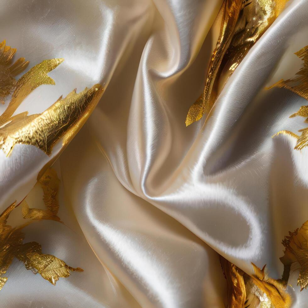 A background with silk white fabric luxurious gold textures. photo