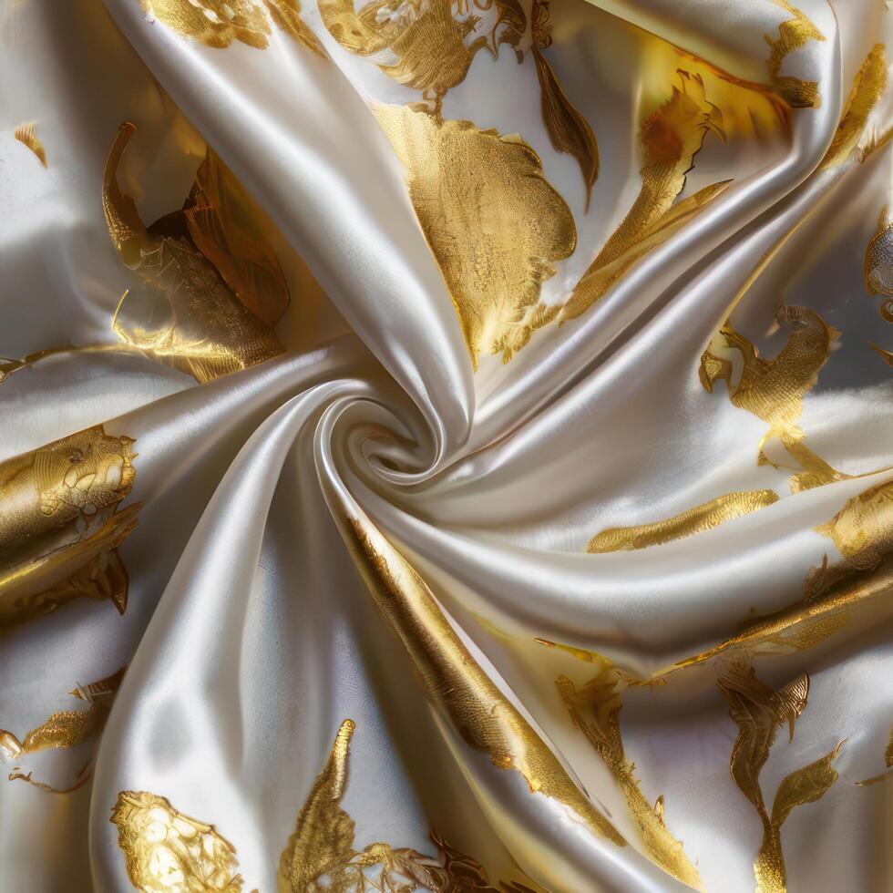 A background with silk white fabric luxurious gold textures. photo