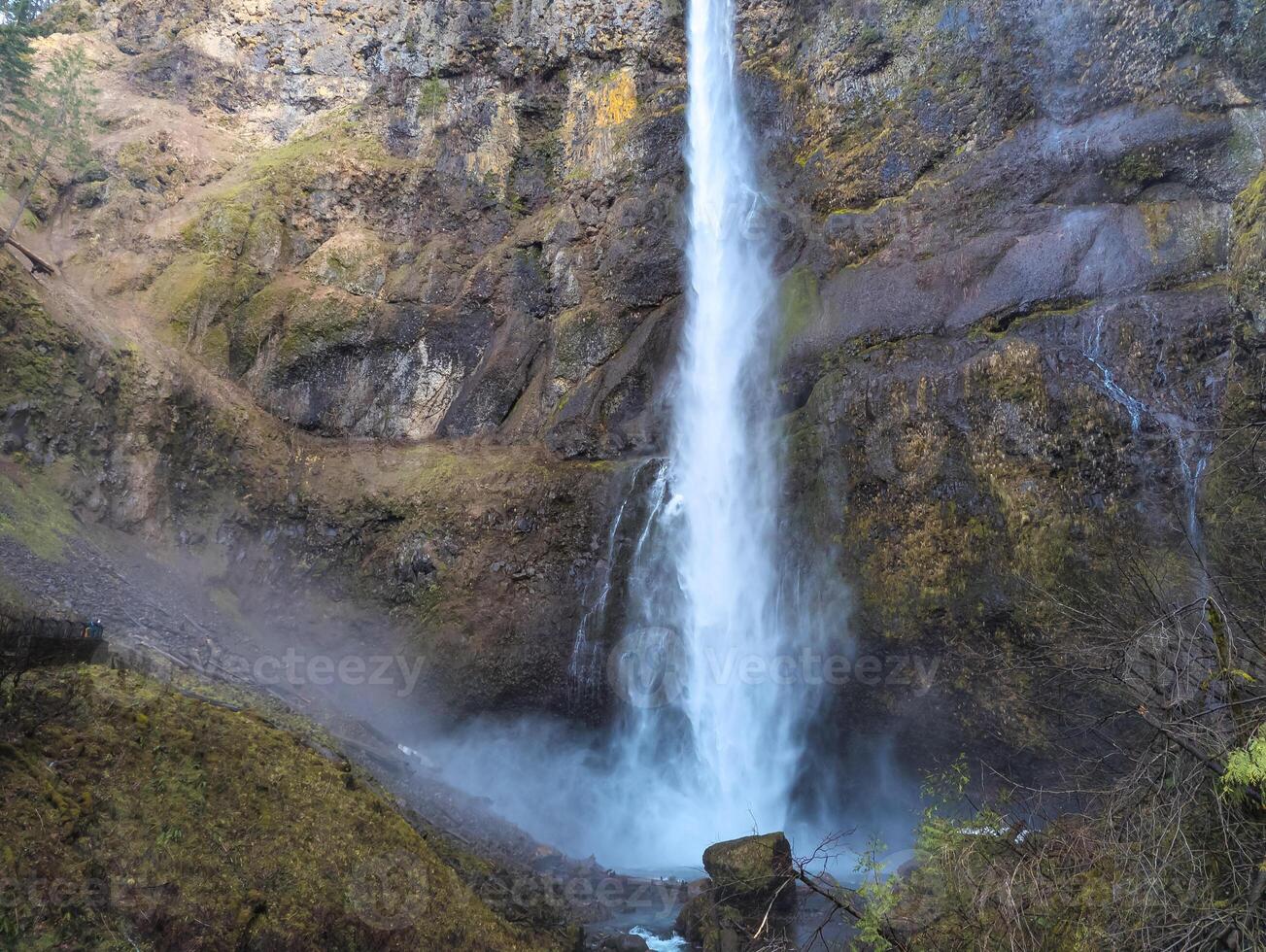 Close-up of the roaring Multnomah Falls from the Multnomah Creek Bridge on a February day. photo