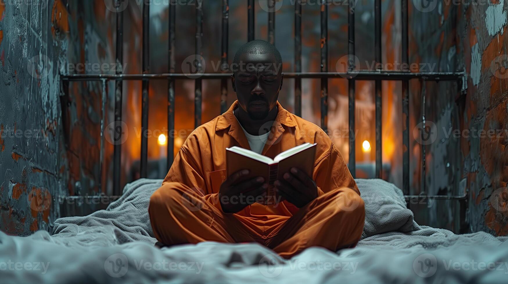 culpable africano americano hombre en naranja uniforme se sienta en prisión cama leer un libro y piensa acerca de libertad. melancólico delincuente en correccional instalaciones o detención centro. prisionero en cárcel célula foto