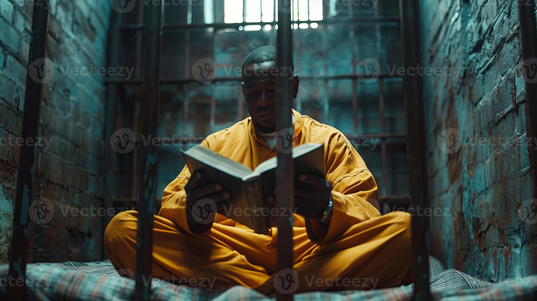 Guilty African American man in orange uniform sits on prison bed read a book and thinks about freedom. Gloomy criminal in correctional facility or detention center. Prisoner in jail cell photo