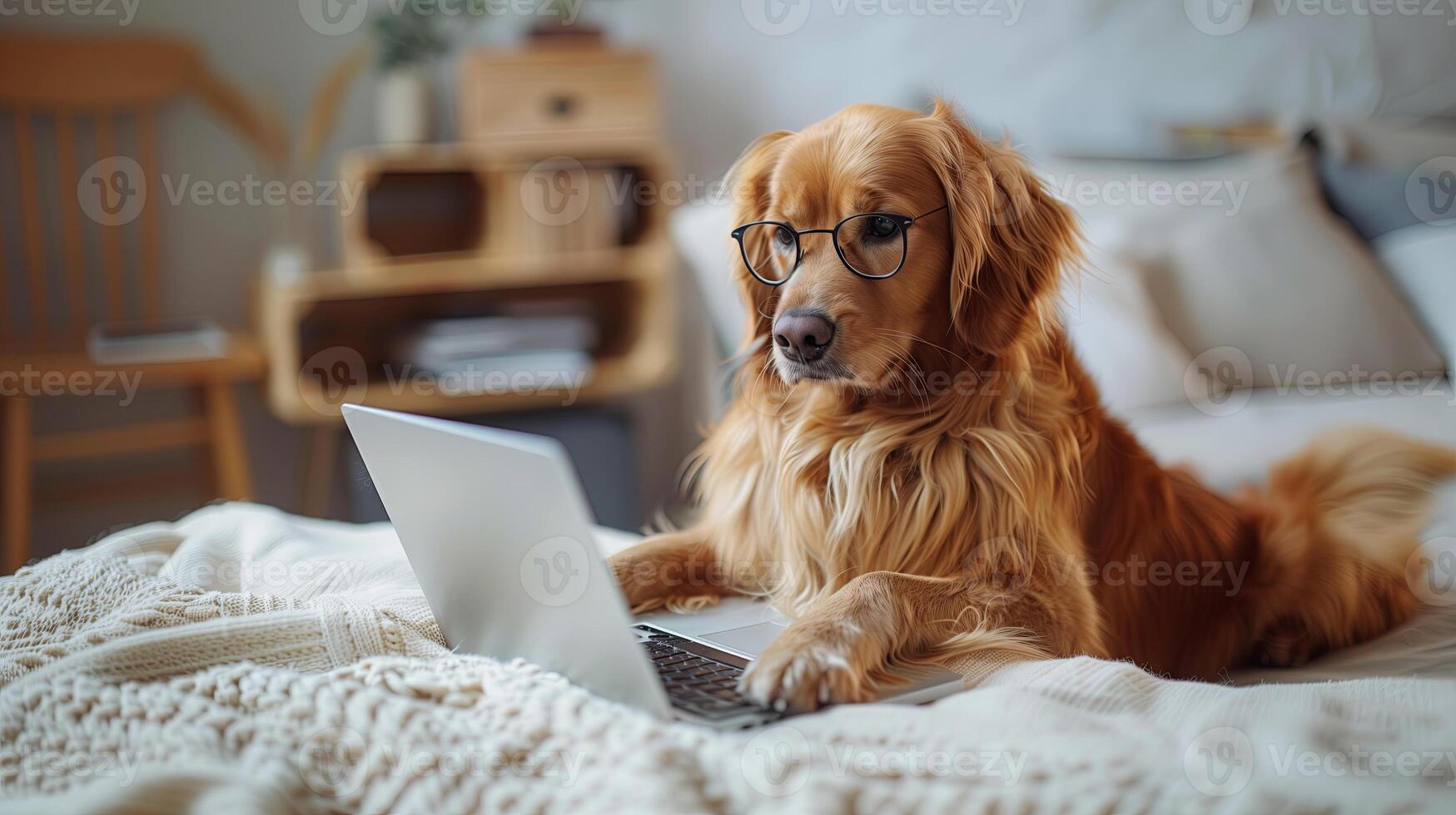 Cute golden retriever pet looking into computer laptop working in glasses. Dog blogger. Home office. photo