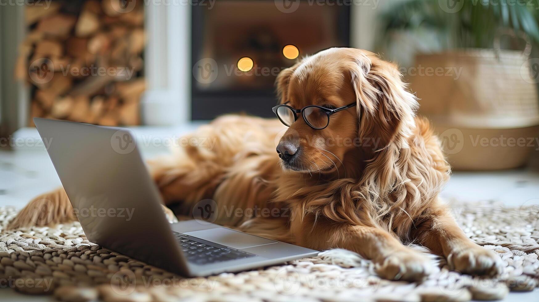 Cute golden retriever pet looking into computer laptop working in glasses. Dog blogger. Home office. photo