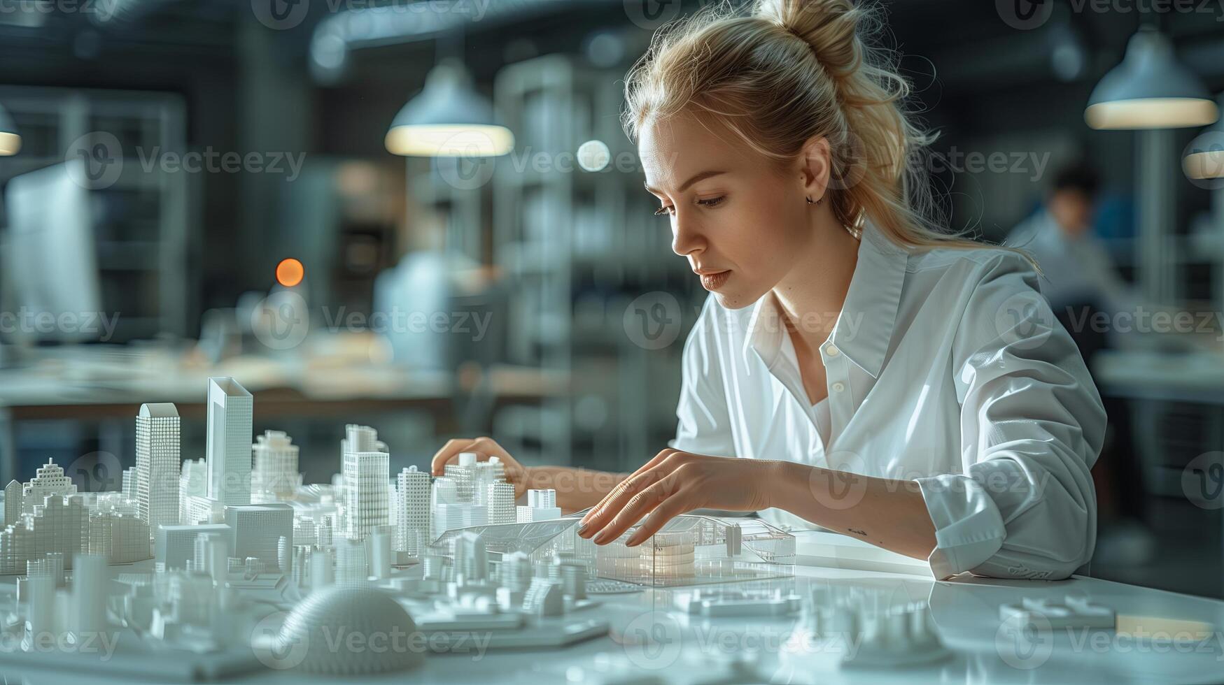 Architect work project. Woman working with new startup project in modern office photo