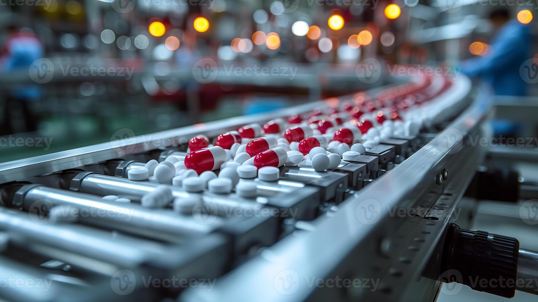 Pills and Capsules Manufacturing Process. Close-up Shot of Medical Drug Production Line. White Painkiller Pills are Moving on Conveyor at Modern Pharmaceutical Factory. photo