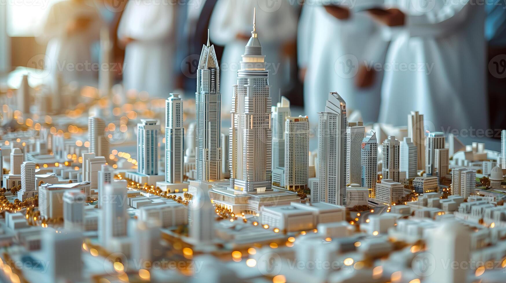 Arabian traditional white 3D model skyscraper of city architecture. Design of buildings at desk with residential project maquette at modern office with panoramic city view. photo