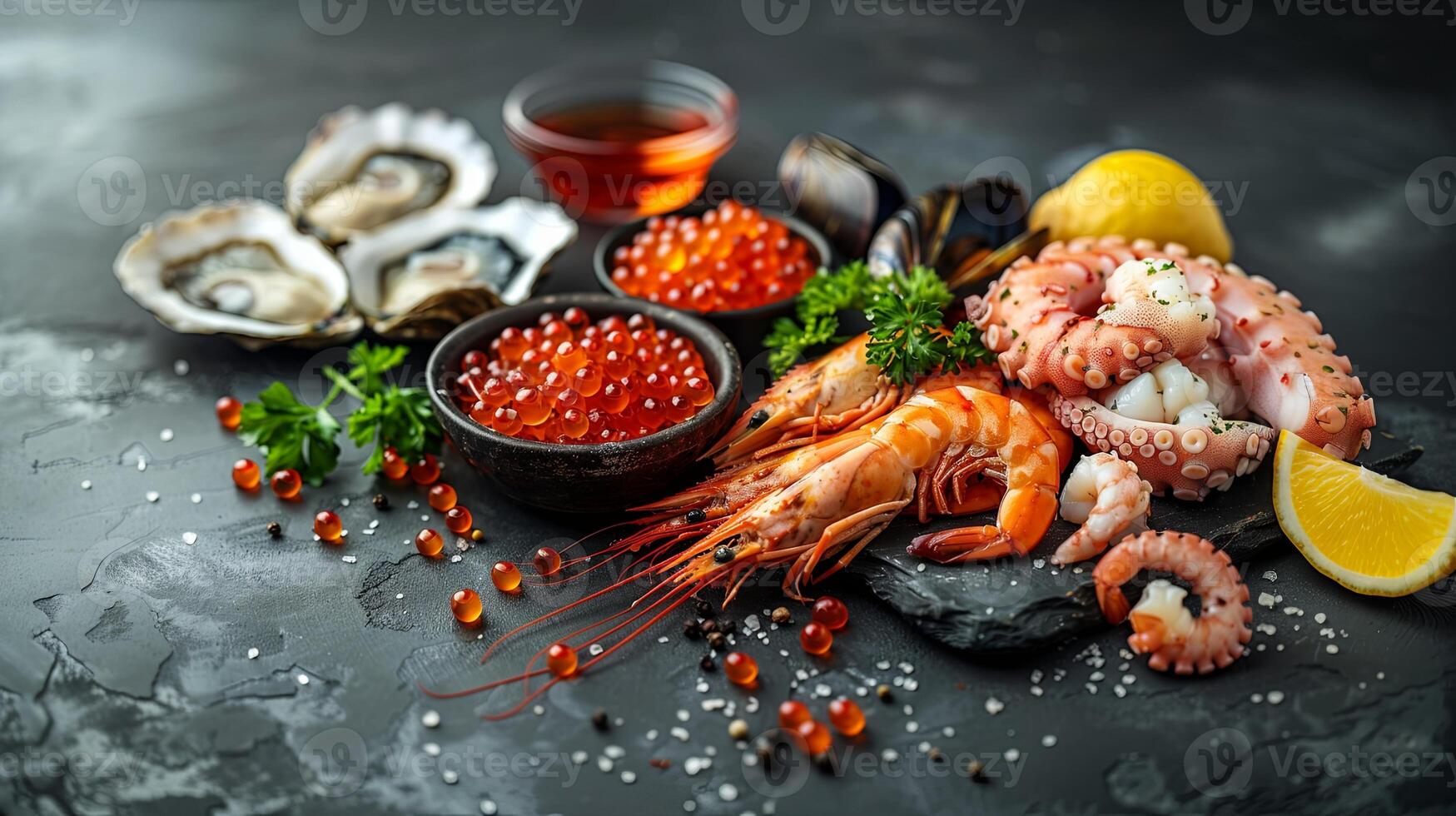 Clams, shrimp, red caviar, octopus, crustacean seafood with fresh lobsters, mussels, oysters as the background of a gourmet dinner in the ocean photo